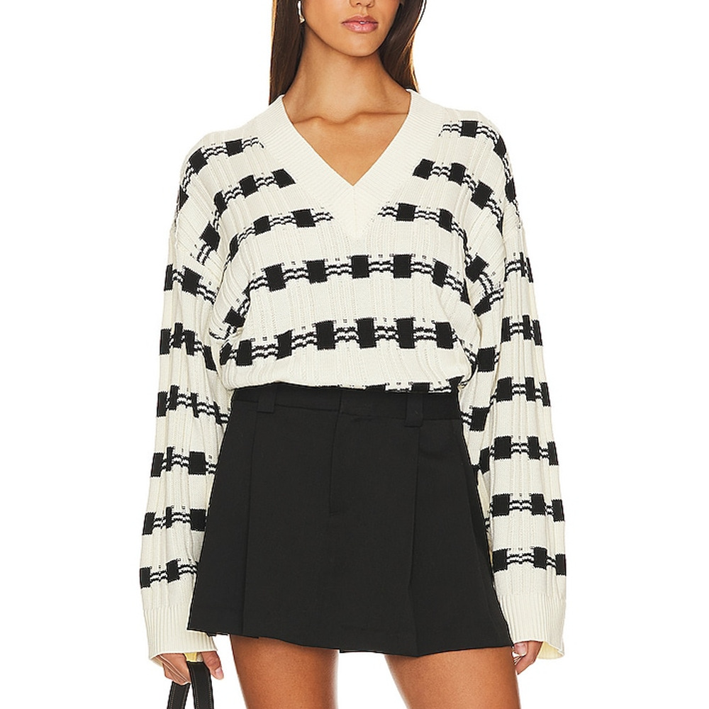L'Academie Cream and Black V-Neck Plaid Knit Sweater